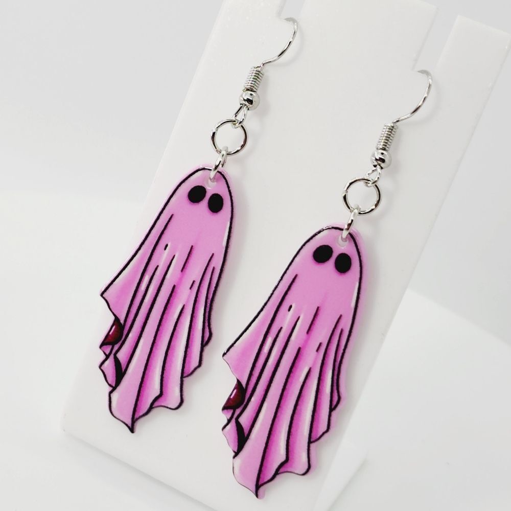 Fashion Pink Pastel Goth Gothic Halloween Ghost Dangle Earrings - Picture 4 of 5